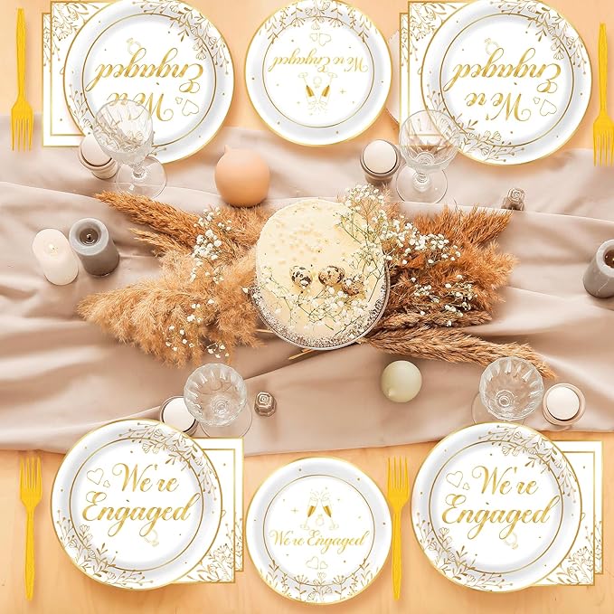 Justforjoyful 96Pcs Happy Engagement Party Supplies Engagement Paper Plates Napkins We're Engaged Party Tableware Set We're Engaged Dinnerware for Wedding Birthday Bridal Shower Decoration Serve 24