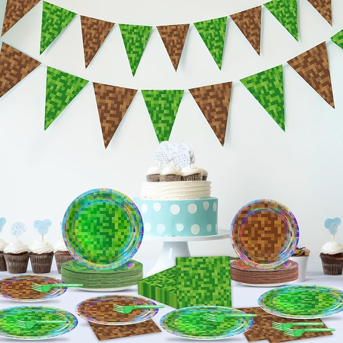 96 Pcs Iridescent Pixel Birthday Party Plates and Napkins Pixel Party Decorations Mining Theme Supplies Gamer Paper Dessert Plates Mining Video Game Tableware Set for Kids Baby Shower 24 Guests