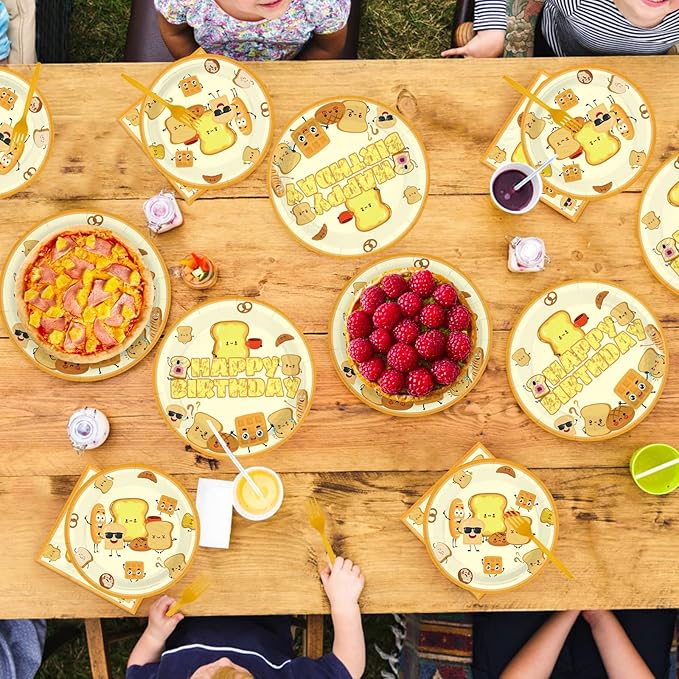 96Pcs Toast Bread Birthday Party Supplies Breakfast Bread Plates and Napkins Disposable Toast Food Theme Tableware Set for Kids Happy Birthday Party Decorations Serves 24