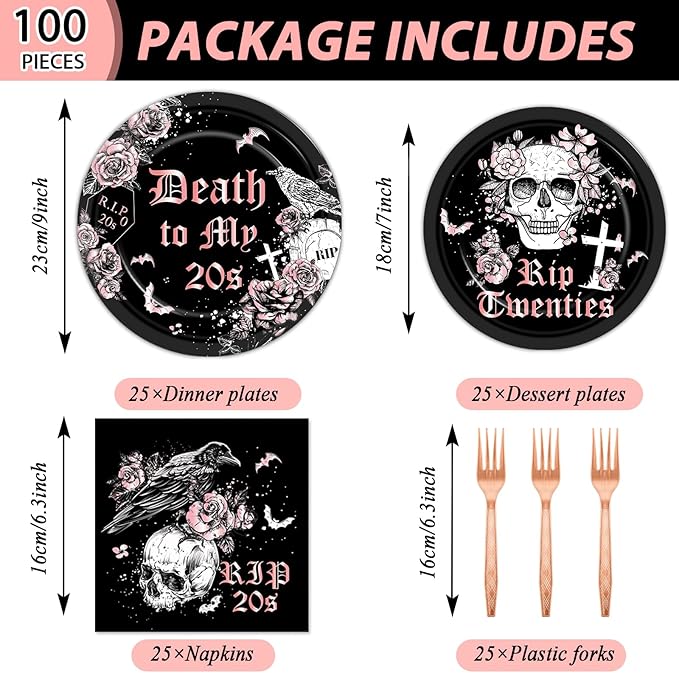 Qyeahkj 100 Pcs 30th Birthday Party Supplies Death to My 20s Paper Plates and Napkins Set Disposable Black Rose Gold Rip to My 20s Tableware Decorations for Women Funeral Youth Party Serve 25 Guests