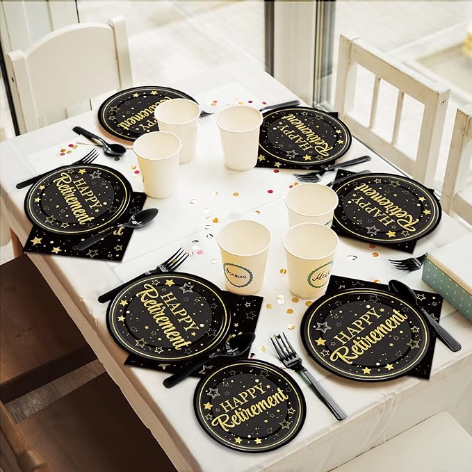 96 Pcs Retirement Party Plates Napkins Tableware Set Happy Retirement Supplies Black and Golden Disposable Dinnerware Retired Party Decoration Favors for Women Men, 24 Guests