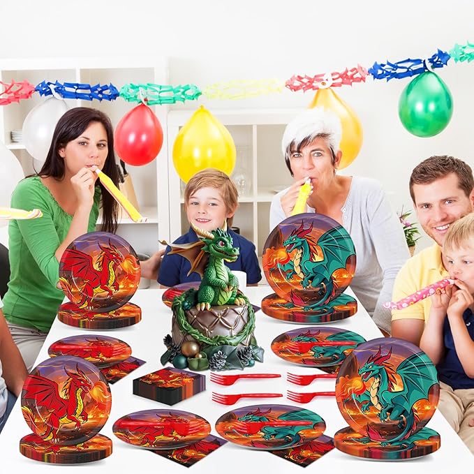 96Pcs Dragon Party Plates and Napkins for Magical Birthday Supplies Dragon Themed Paper Dessert Plates Tableware Set for 24 Guests Boys Birthday Party Decorations