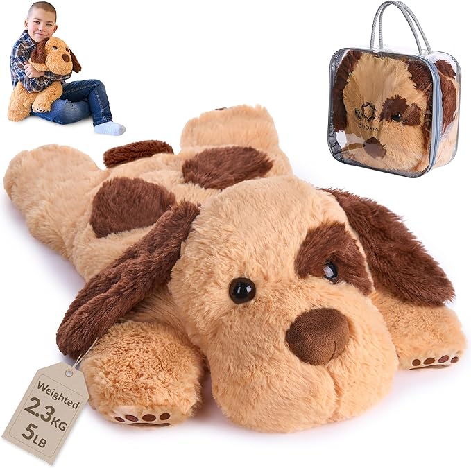 ODOXIA Weighted Stuffed Animal for Anxiety | 5 Lbs | Calming & Comforting | Dog Stuffed Animal Sensory | Weighted Plush Toy | for Adults and Kids | Includes Carrying Bag