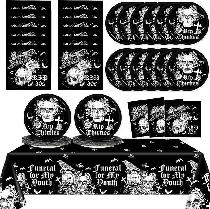 Rip 30s Birthday Party Supplies Serves 24 Death To My 30s Party Decorations Paper Plates Napkins Disposable Black 40th Birthday Tablecloth Set Tableware Kit for My Youth Funeral Party