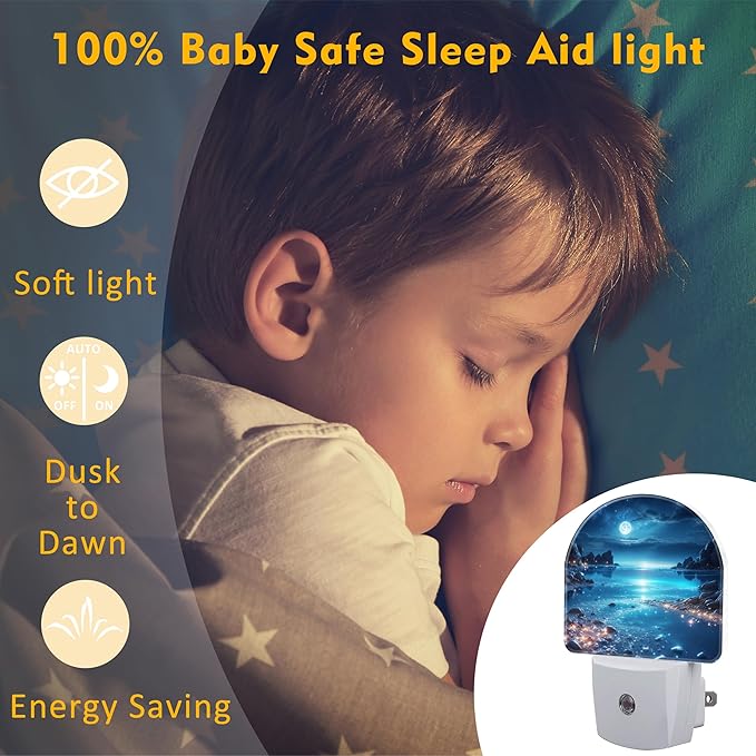 Full Moon and Sparkling Lake Night Light for Kids,Magical Beach at Night Plug in Night Light with Dusk to Dawn Sensor, 0.5w Energy Saving Nightlight for Hallway Stairway Kitchen Bedroom