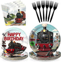 Grencian 96Pcs Train Birthday Party Decorations Vintage Steam Train Paper Plates and Napkins Retro Trains Disposable Tableware Sets for Boys Trains Themed Birthday Party Supplies Serves 24