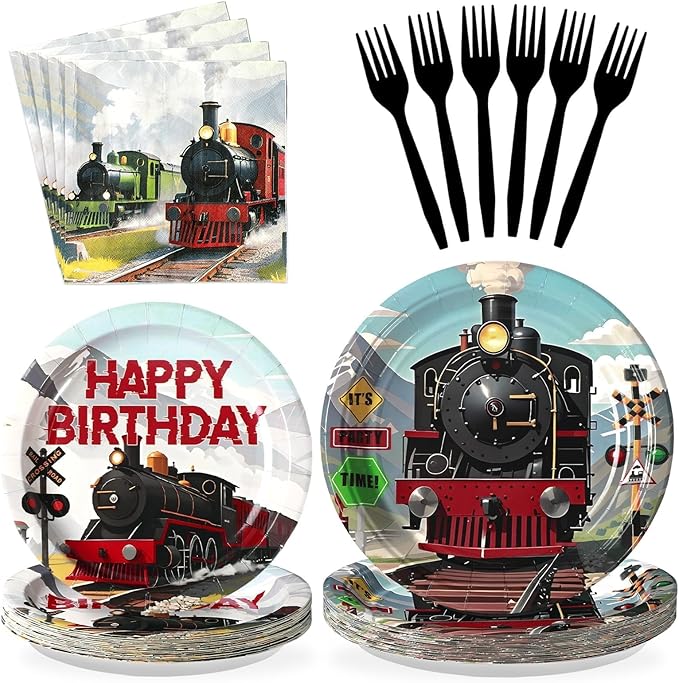 Grencian 96Pcs Train Birthday Party Decorations Vintage Steam Train Paper Plates and Napkins Retro Trains Disposable Tableware Sets for Boys Trains Themed Birthday Party Supplies Serves 24