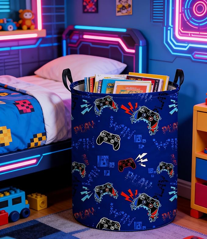 Game Laundry Basket Baby Hamper Dirty Clothes hamper Baby Nursery Hamper Gift Baskets Toy Storage Bin Boy Room Decor(Blue Games)
