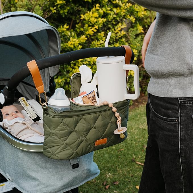 Beautiful Stroller Caddy Organizer With 2 Cup Holders – Luxury Stroller Bag, Universal Fit, Leather Straps & Zipper Pocket – Spacious Accessories Perfectly Fits Doona, Nuna & Uppababy Strollers