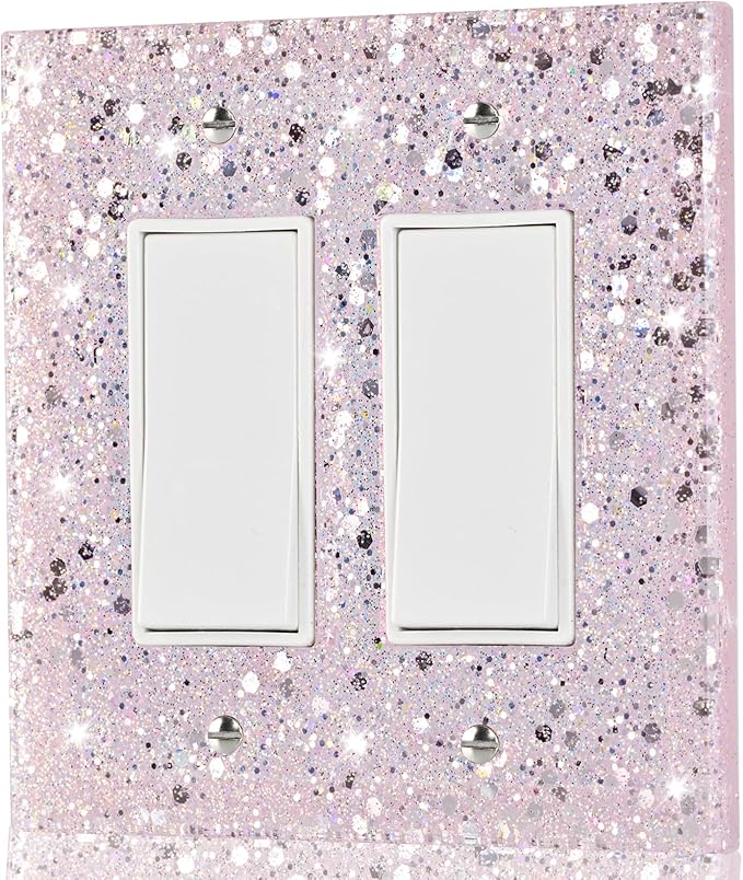2-Gang Light Switch Cover Plate,Shiny Pink Glossy Finish,5.1"x5.1",Sparkle Design for Outlet or Double Rocker Switch