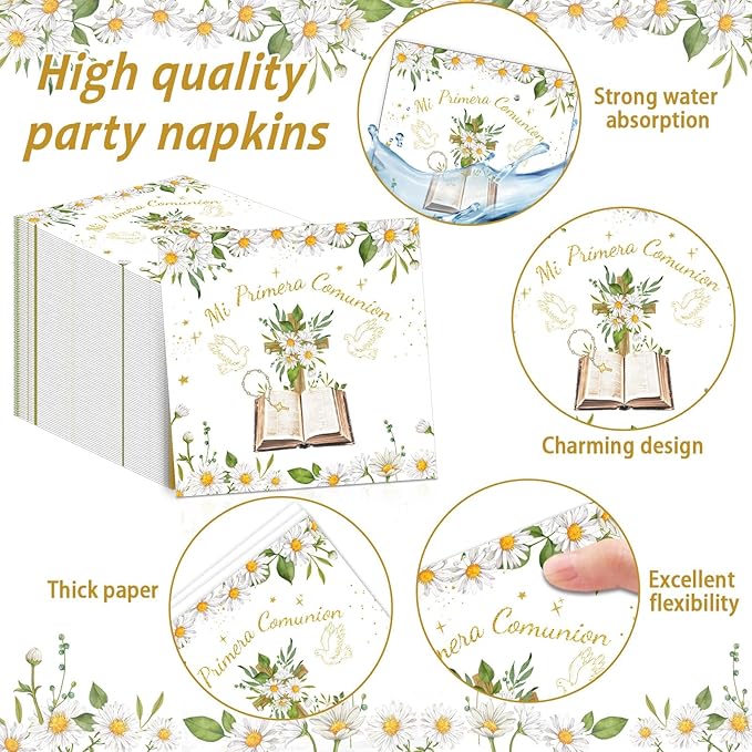 96Pcs Mi Primera Comunion Decorations White and Gold Baptism Plates and Napkins Comunion Party Supplies God Bless Plate First Communion Tableware Set for Mi Bautizo 24 Guest Party Decoration