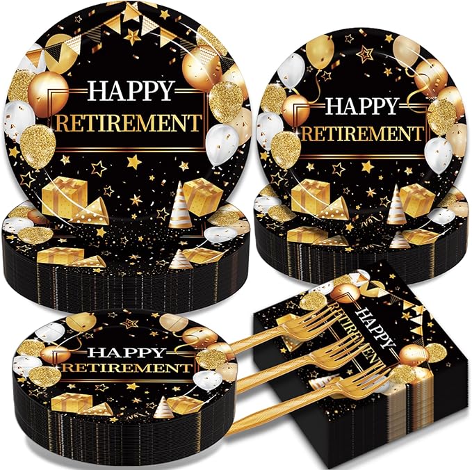 200 Pcs Retirement Party Plates and Napkins Set, Happy Retirement Party Supplies Decorations for Men Women Gold and Black Farewell Going Away Disposable Dinnerware Tableware Kit, Serves 50