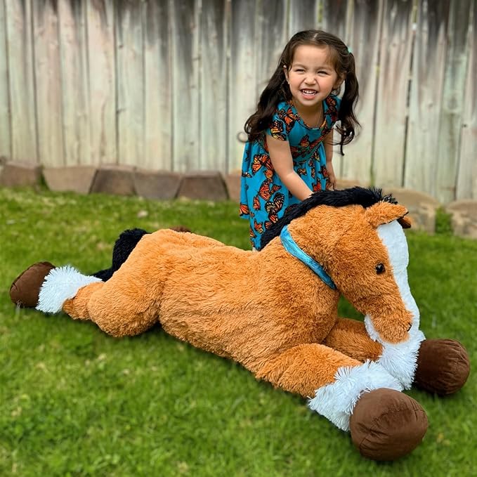 Tezituor 4ft Darkbrown Horse Stuffed Animals, 47Inches Realistic Stuffed Pony Plush Toys for Ridding, Hugging Soft Horse Plush Body Pillow Christmas Birthday Gift for Boys Girls