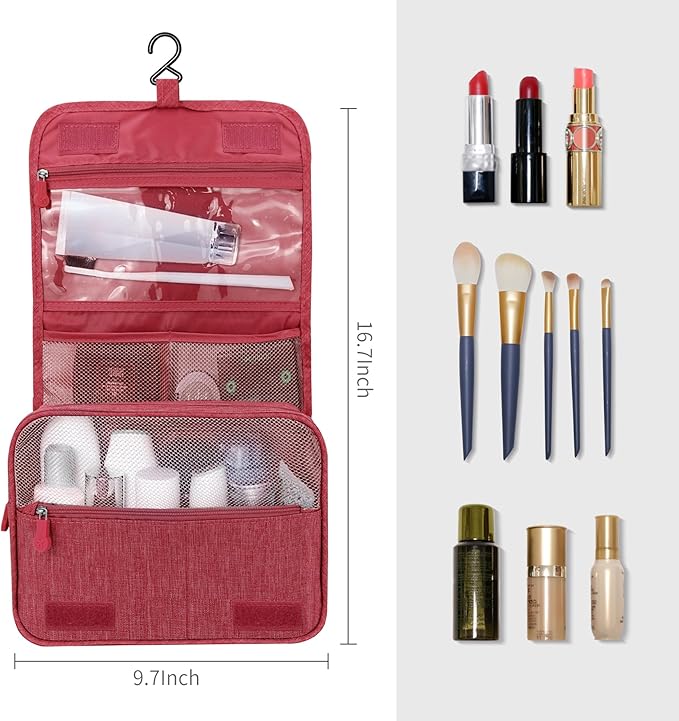Lcsmaokin Large Capacity Toiletry Bag Travel Bag with Hanging Hook for Men and Women Waterproof Travel Cosmetic Bag Bathroom Storage Bag for Brushes Set, Full-Sized Shampoo, Toiletries, (Wine Red)