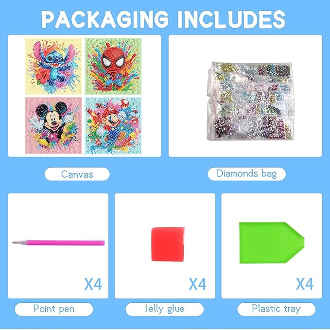 Fuinkqe 4 PCS Diamond Art Kits for Kids, Cartoon Diamond Art for Kids Ages 4-8-12, Diamond Art Painting Mosaic Kits for Gift Home Wall Decor (6x6 inch)