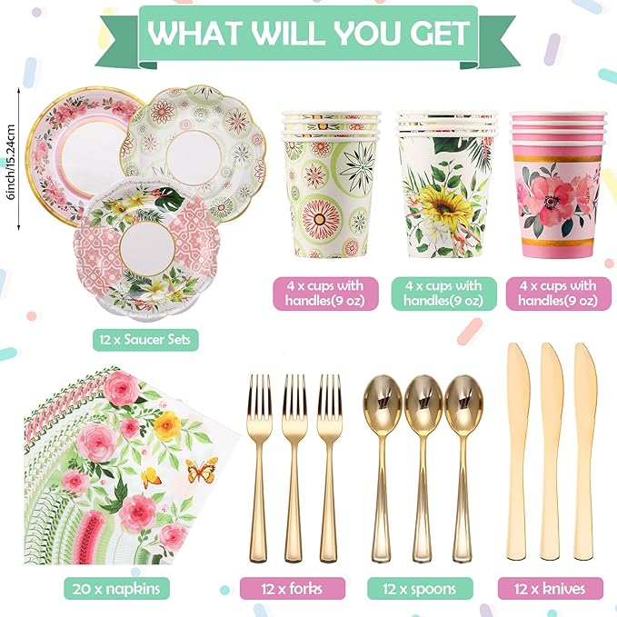 121 Pcs Floral Tea Party Dinnerware Set Include 9 oz Paper Cups and Saucers, Napkins, 3 Tier Cake Stand, Serving Platter, Butterfly Decorations, Flower Banner Tableware for Birthday Wedding