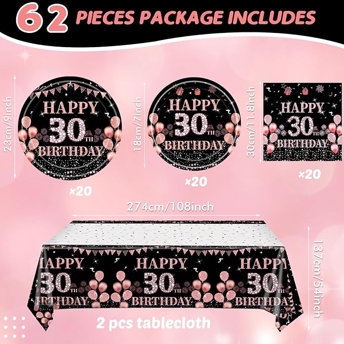 62Pcs 30th Birthday Decorations for Girls Her, Rose Gold Birthday Party Supplies Include 20 7''Plates 20 9'' Plates 20 Napkins and 2 Tablecloth, Rose Gold Princess Party Tableware for 20 Guests
