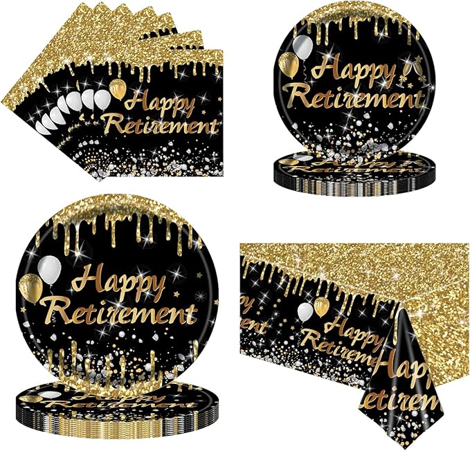 Retirement Party Plates and Napkins Set,Happy Retirement Party Supplies Decorations for Men Women Gold and Black Disposable Tableware Kit, Serves 25