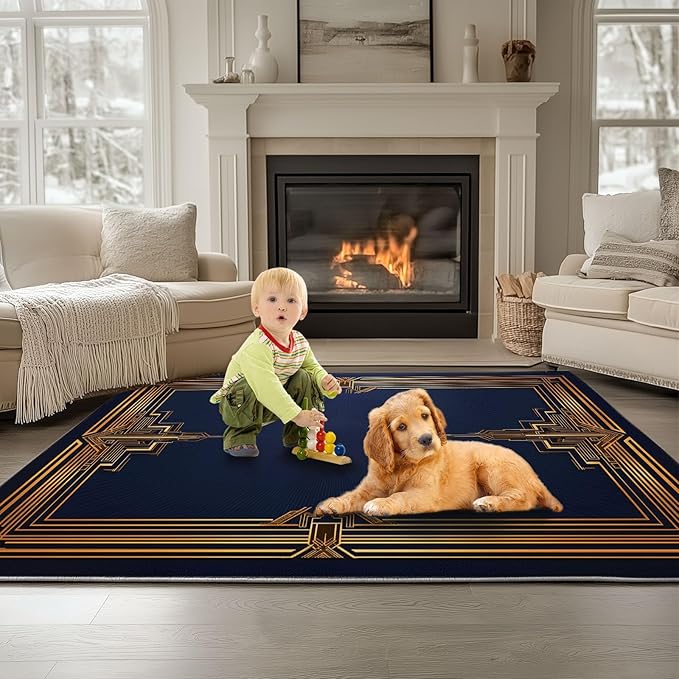 Area Rug 3 x 5 ft Living Room Non-Slip Geometric Gold Rectangle Frame Floor Carpet, Dark Soft Low-Pile Washable Large Area Rugs - Bedroom Dining Room Kitchen Mat