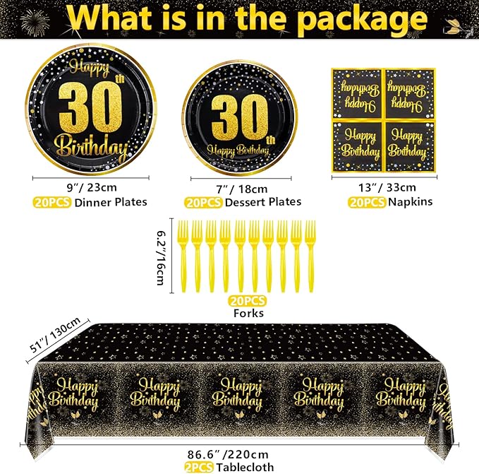 30th Birthday Decorations for Women and Men - 81 Pcs Plates Napkins 30th Tablecloth Forks Set Black and Gold Party Decorations Serve 20