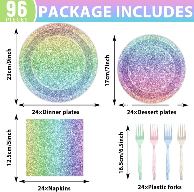 Rainbow Birthday Party Plates Napkins Forks Rainbow Glitter Tableware Set Happy Birthday Dinnerware Colorful Unicorn Glitter Supply for Kids Girls Women Princess Wedding Parties Decorations Serve 24