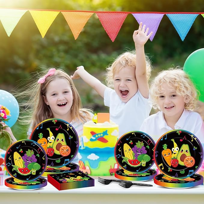 96 Pcs Dancing Fruit Party Plates and Napkins for Fruit Birthday Theme Supplies Dancing Fruits Themed Paper Dessert Plates Fruits Party Tableware Set for Kids 24 Guests Birthday Decoration