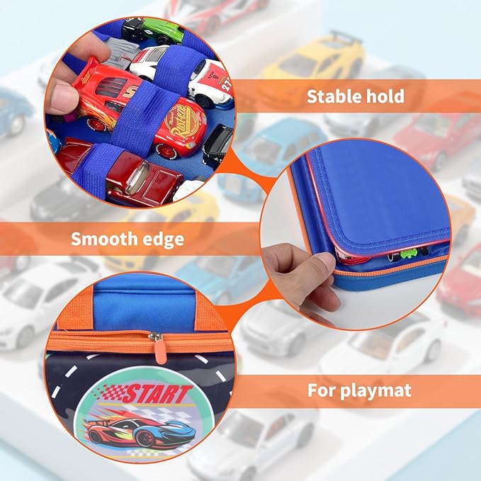 Toy Car Storage Bag for Hot Wheels for Matchbox for LEGO for AZEN for JOYIN for Tub Works Cars Toy Car Organizer Holder with Rug Race Track Mat for 96 Mini Cars - Blue (Case Only) (Blue+Playmat)