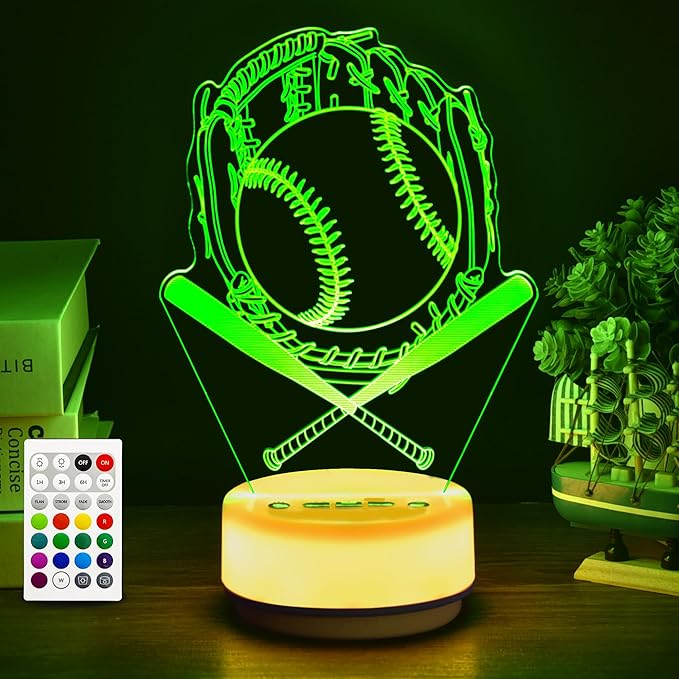 Baseball Night Light for Kids, Baseball Gift for Sports Players Fans, Decor Bedside Lamp for Bedroom/Office, 5 Buttons and Remote Control 14 Colors, Timer, Dim, Independent Warm White Lamp Base