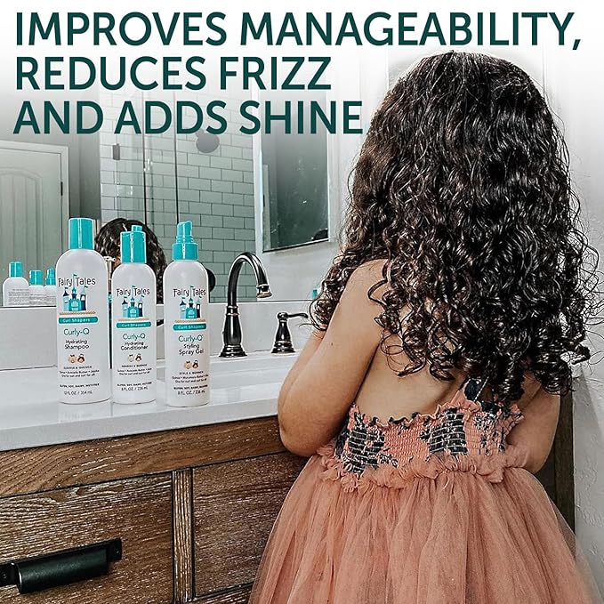 Fairy Tales Curly Q Hydrating Kids Shampoo, Conditioner, and Styling Spray Gel -Travel Kit- Paraben, Sulfate, Gluten, and Nut Free - For All Curl Types Including Multi Cultural Hair – 3.3oz (3 Pack)