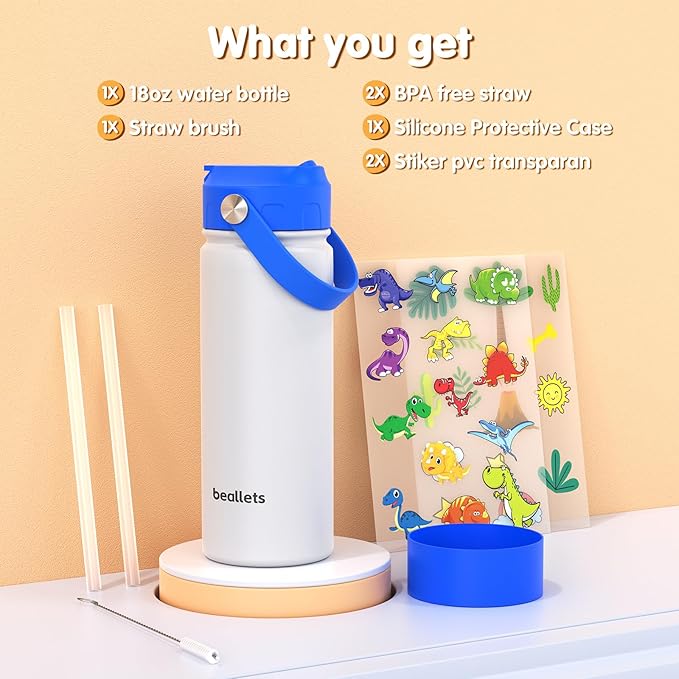 Kids Water Bottle, 18oz Toddler Insulated Bottles with Stickers, 18/8 Stainless Steel Leak-Proof Kids Straw Cup for School, Gifts for Boy(BlueWhite)