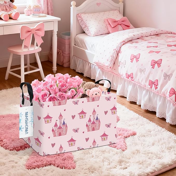 LANGYASHAN Rectangular Girl Storage Bin Collapse Canvas Fabric Cartoon Storage Basket with Handles for Organizing Home Kitchen Boys and Girls Toys Office Closet Shelf Baskets (Rec Pink Castle)