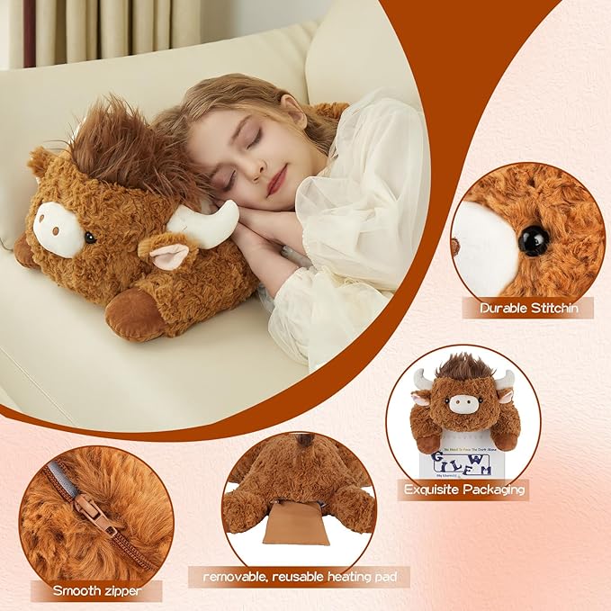 GILFWM 25" 5 Lbs Weighted Stuffed Animals Highland Cow, Heatable and Coolable Weighted Plush with Microwavable Heating Pad,Removable Soft Washable Cute Plushie Pillow Toy Gifts for Adults and Kids