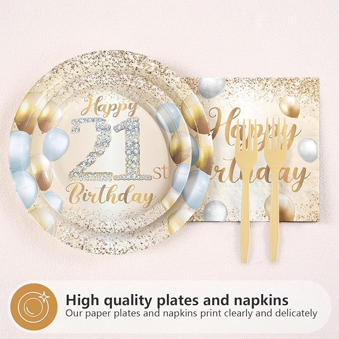 96Pcs Happy 21st Birthday Decorations Sweet 21 Plates and Napkins Tableware Sets White and Gold Glitter Twenty-one Birthday Decorations for Girls Boys 21 Years Old Birthdays Party Supplies Serves 24