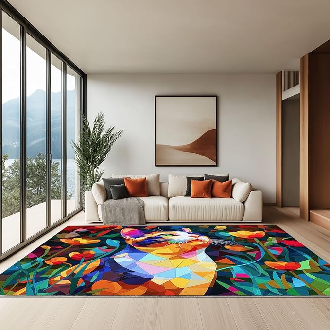 Washable Area Rug Geometric Cubism Calico Cats 6 x 9 ft Printed Carpet, Non Slip Area Rug Color Soft Flannel Carpet Floormat - Living Room Bedroom Dining Room Office Runner