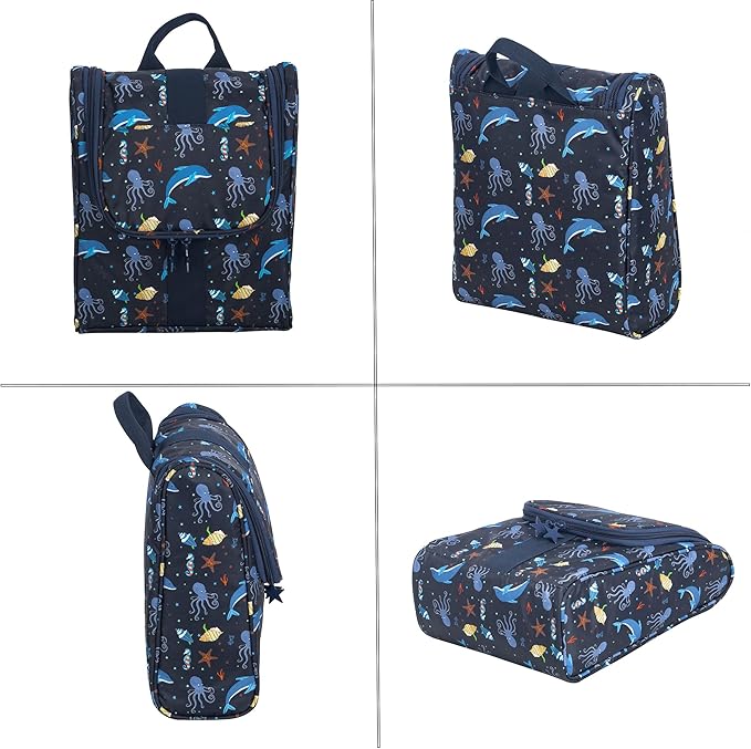 Remobia Hicol Cute Cartoon Hanging Kids Toiletry Bag Children Travel Cosmetic Makeup Organizer Wash Bag Shower bag Over Night Bag Camping Shaving Kit Bag for Boys & Girls (Sea World)