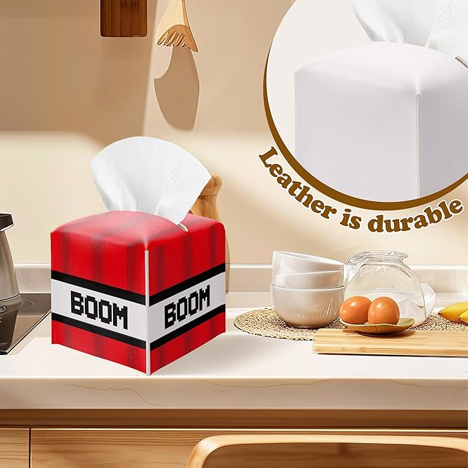 Pixel Tissue Box Cover, Tissue Box Holder Square Leather Facial Paper Organizer, Themed Red and White Pixel Art Design, Birthday Party Supplies, Baby Shower Decorations