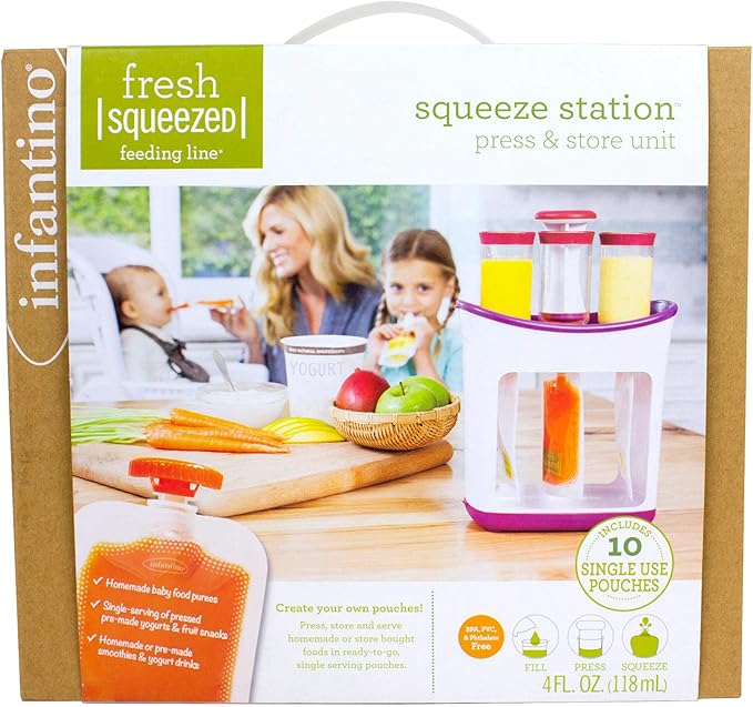 Infantino Squeeze Station, Baby Food Maker & Pouch Filler, Fill 3 Reusable Pouches at Once, Easy to Use, Dishwasher Safe, Homemade Baby Food Prep Essential, Purple
