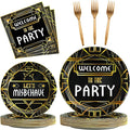 100 Pcs Roaring 1920s Party Decorations, Speakeasy Misbehave Black Gold Birthday Party Decors Art Décor Retro Murder Mystery Party Supplies for 1920s Vintage Flapper Wedding Supplies Serve 25