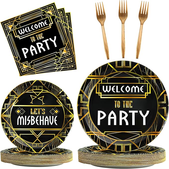 100 Pcs Roaring 1920s Party Decorations, Speakeasy Misbehave Black Gold Birthday Party Decors Art Décor Retro Murder Mystery Party Supplies for 1920s Vintage Flapper Wedding Supplies Serve 25