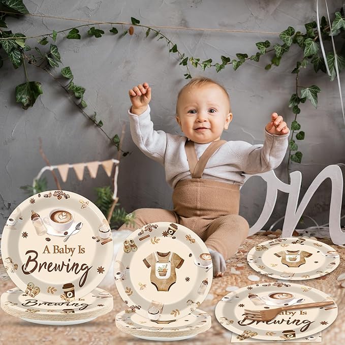 96 Pcs Coffee Baby Shower Party Plates Napkins Tableware Set A Baby Is Brewing Supplies In Bloom Disposable Dinnerware Coffee Themed Decoration Favors for Pregnancy Party, 24 Guests
