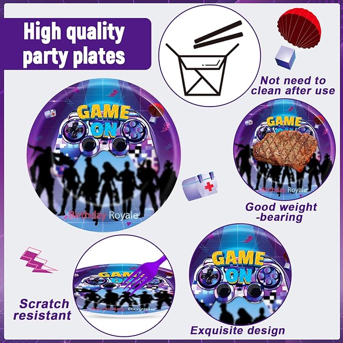 98PCS Game Birthday Party Decors Video Game Party Plates Napkins Tablecloths Neon Gaming Birthday Royale Tableware Set Gaming Disposable Table Cover for Kids Boys Girls Gamer Theme Parties Supplies