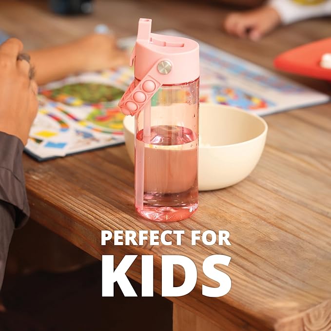 Elemental Water Bottles for Kids - Splash Kids Water Bottle for School with Pop-it Handle - BPA Free Tritan Plastic Water Bottle with Straw Leak Proof when Spout is Closed - Pink- 18oz