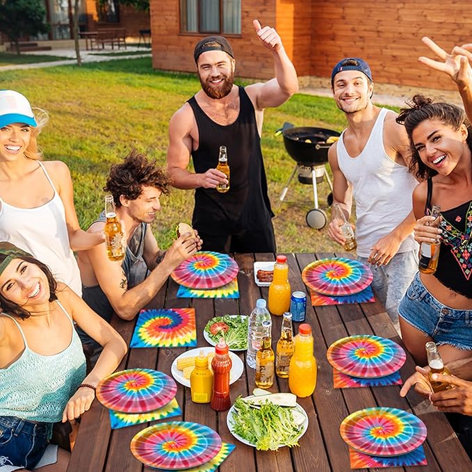48Pcs Tie Dye Paper Plates and Napkins Rainbow Tie Party Decorations Dye Birthday Party Supplies Colorful Disposable Dinnerware Tableware for Adult Kids Girls Boys Hippie Baby Shower Serves 24