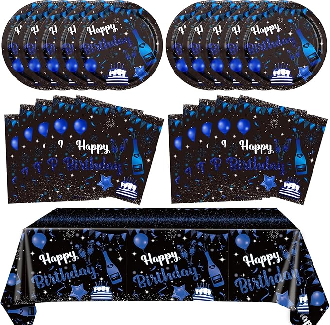 41PCS Navy Blue and Black Birthday Party Decorations Happy Birthday Tableware Supplies Set Including Plates Napkins Tablecloth for Men Women