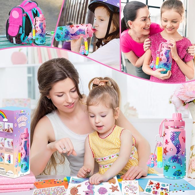 Wninbu Decorate Your Own Water Bottle Kits for Girls,Stainless Steel Mermaid Water Bottle Girls,Arts and Crafts Ages 4-6-8-10,Gem Art Mermaid Toys Gifts Birthday Christmas Stocking Stuffers (Mermaid)