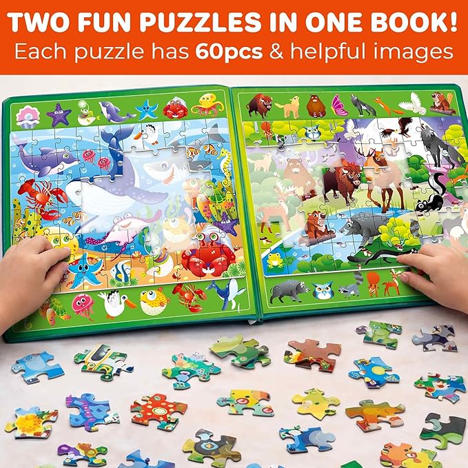 QUOKKA Magnetic Puzzles for Toddlers 3-5 – Search & Find 2 Pack, 60 Pieces Each – Travel Friendly Board with Hidden Objects, Ocean and Forest Scenes – Educational Puzzle Gift for 3 Year Olds