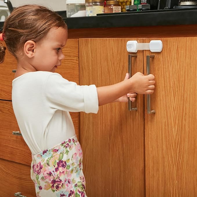 Child Safety Strap Locks (4 Pack) Baby Locks for Cabinets and Drawers, Toilet, Fridge & More. 3M Adhesive Pads. Easy Installation, No Drilling Required, White/Gray