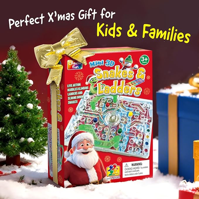 3D Snake & Ladders - Christmas Edition | Festive Foldable Board with 3D Plastic Ladders | Portable Travel Game, No Batteries Needed | Ideal Holiday Party Game for Family
