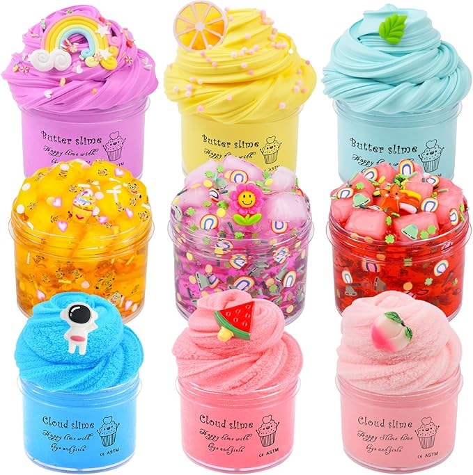 9 Pack Slime Kit with 3 Jelly Cube, 3 Butter & 3 Cloud Slime, Non-Sticky DIY Sensory Toys for Stress Relief, Kids Party Gift for Girls and Boys