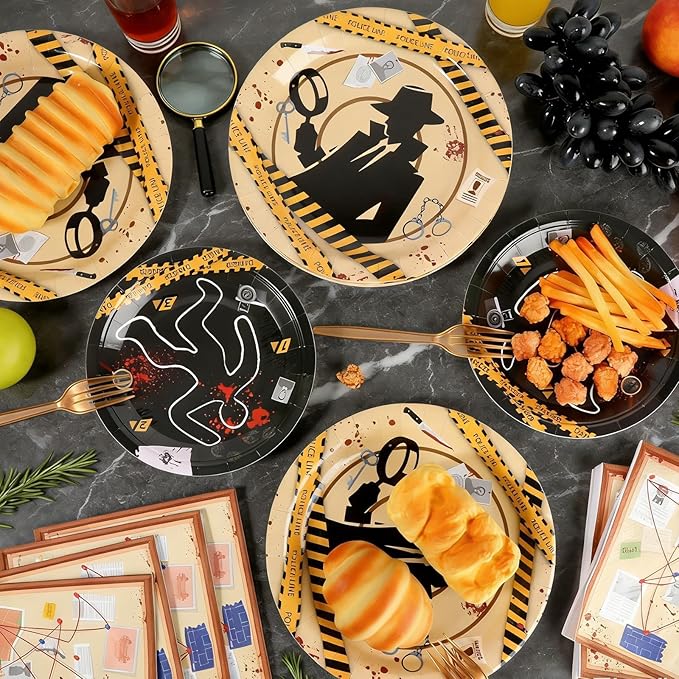 OBUSATT 96 Pcs Detective Theme Paper Plates and Napkins Top Secret Agent Spy Birthday Party Supplies Escape Room Tableware Set for Kids Boys Girls Clue Games Party Decorations Favors for Serves 24